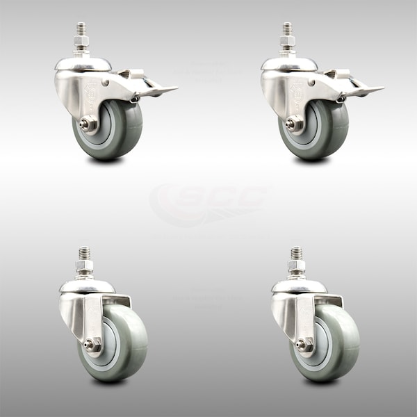 Service Caster 3.5 Inch 316SS Gray Polyurethane 10mm Threaded Stem Caster Lock Brake, 2PK SCC-SS316TSTTL20S3514-PPUB-M1015-2S2 - main